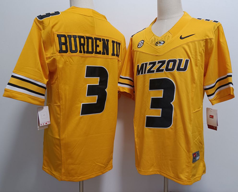 Men Missouri tiger #3 Burden iii Yellow Nike 2025 NCAA Jersey